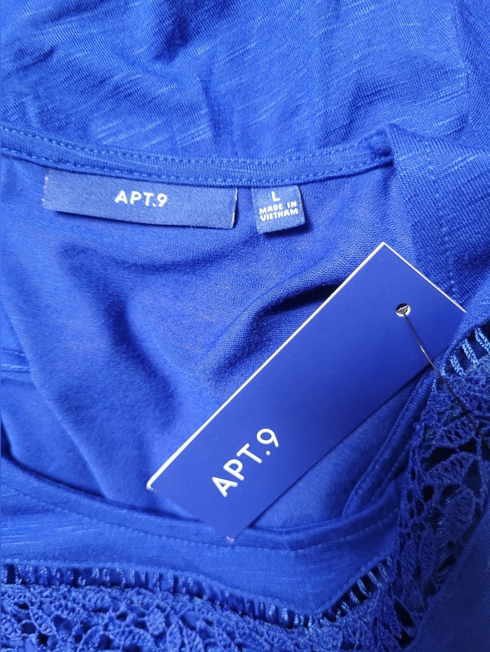 Apt 9 L Top Slinky Stretch Knit Flowy Comfort Cobalt Blue Lace Flare new - Picture 3 of 6